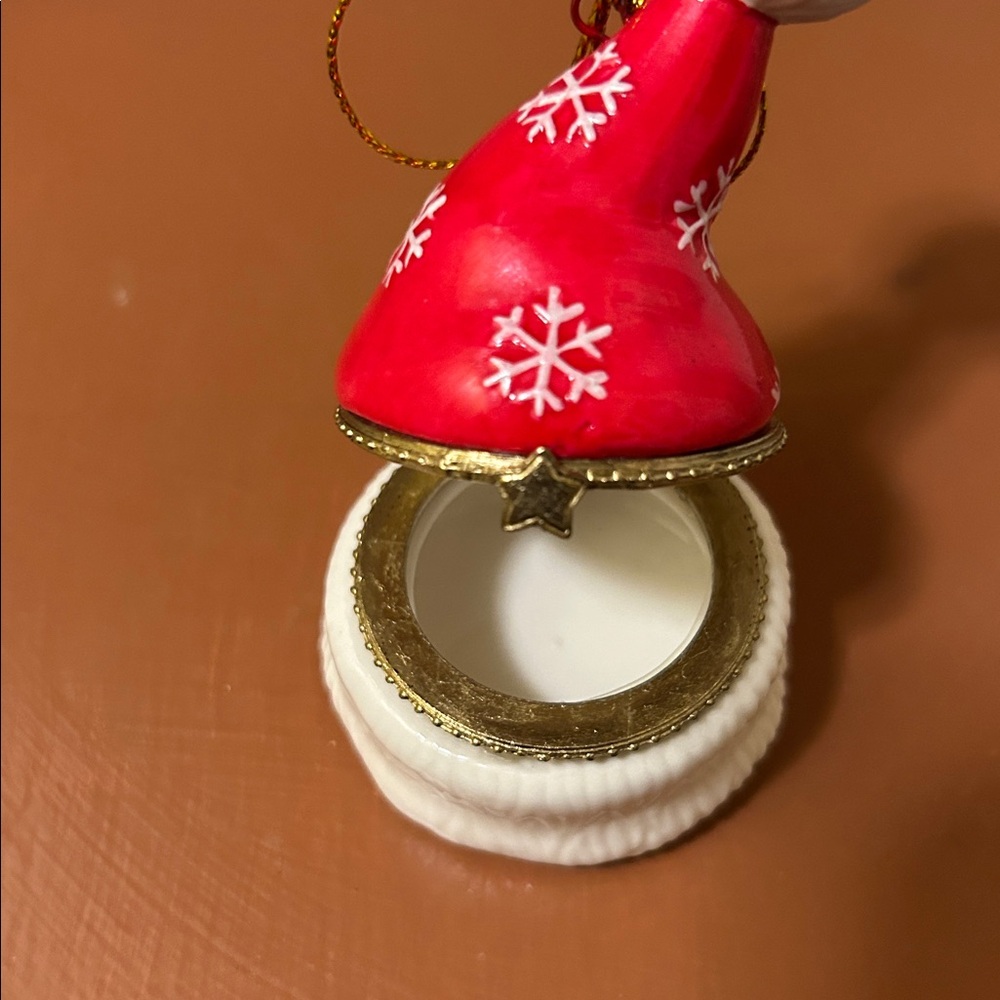 Red & White Santa Hat with Snowflakes Hinged Trinket Box Ornament -Porcelain - Picture 10 of 13